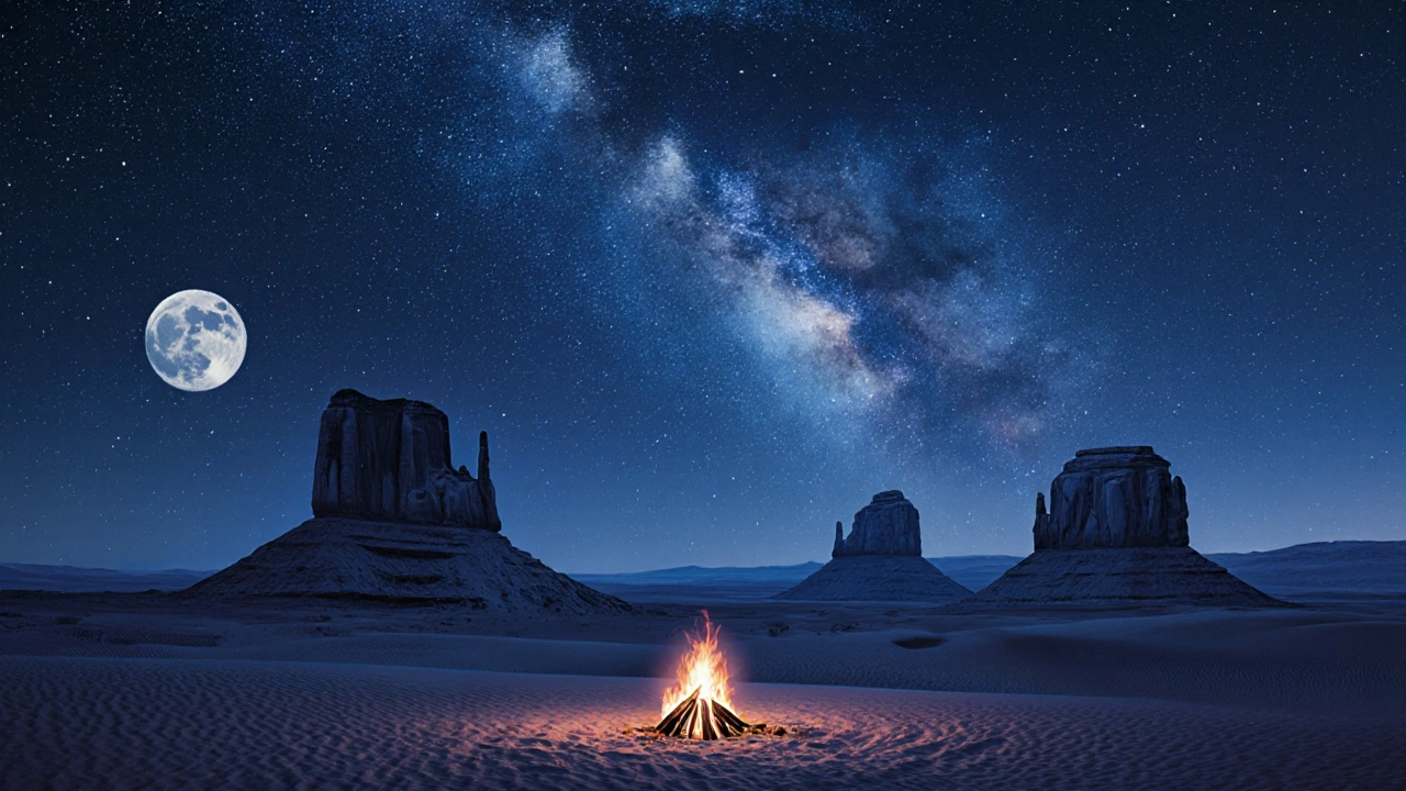 Nuit étoilée au-dessus des formations rocheuses de Tassili n’Ajjer, feu de camp berbère au premier plan.
