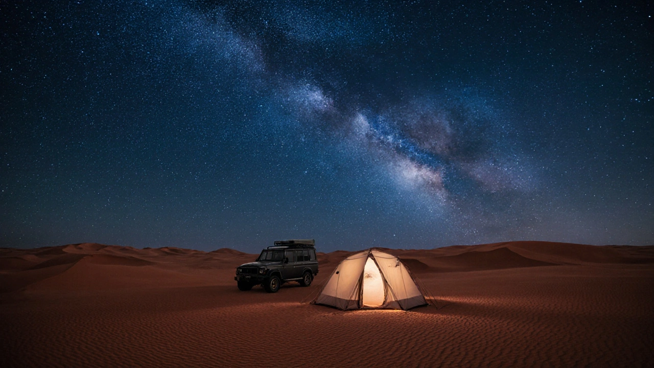 Nuit étoilée dans le désert du Ténéré, une tente isolée au milieu des dunes.