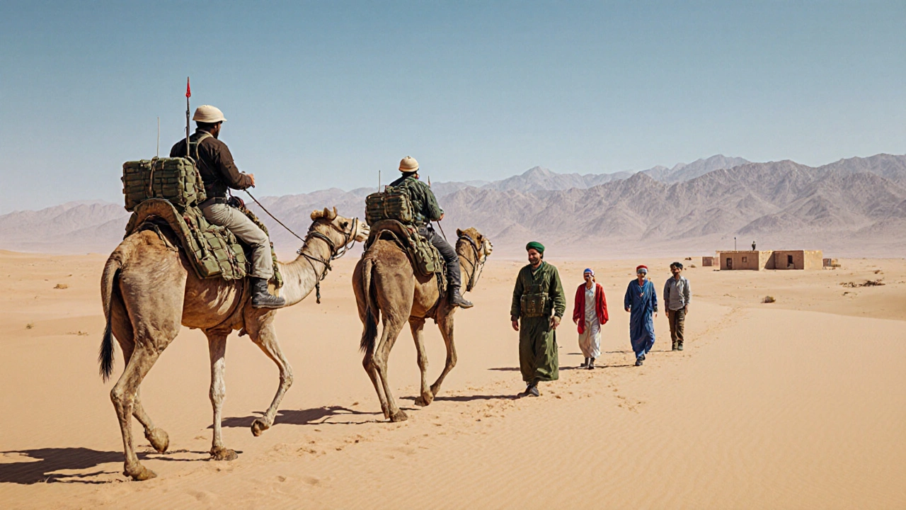 Patrouille algéro-russe et guide touareg accompagnant des touristes dans le Hoggar.
