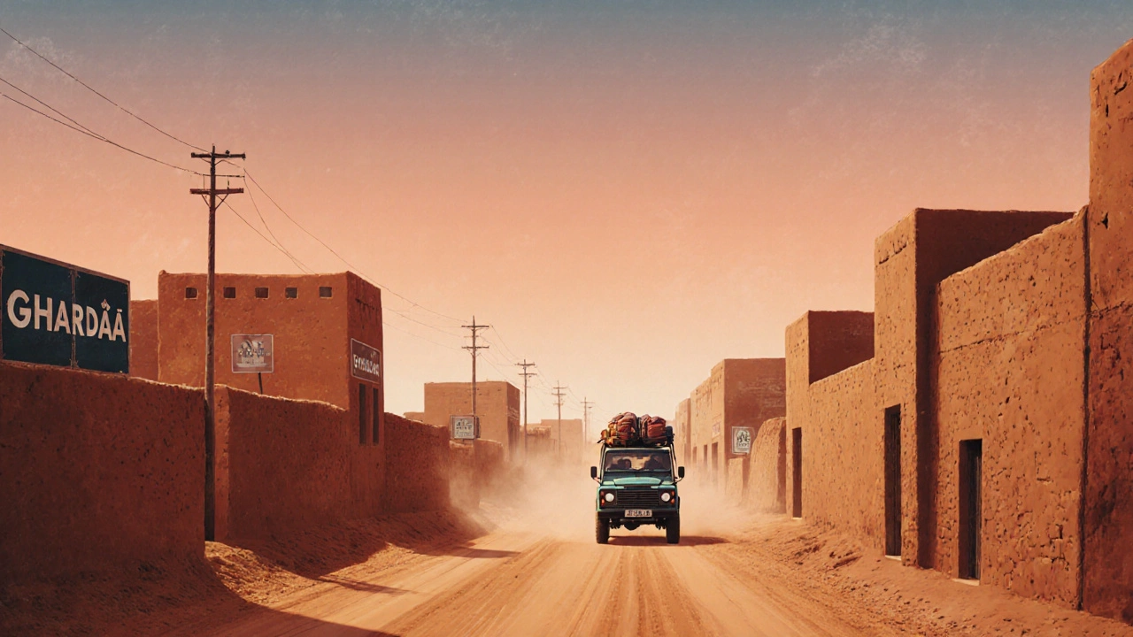 Route désertique menant aux ksour de Ghardaïa, avec des bâtisses en terre et un véhicule tout-terrain, sans éléments touristiques modernes.