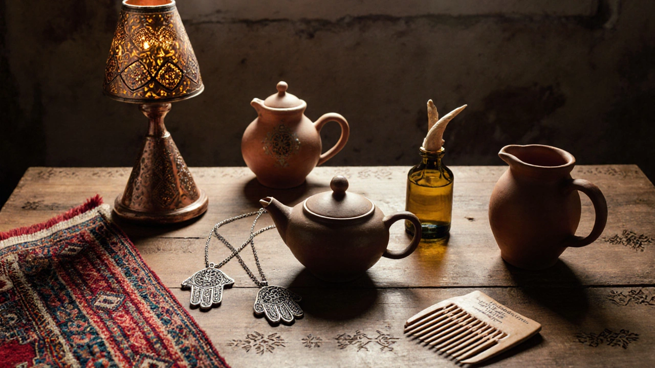 Six objets artisanaux algériens emblématiques disposés sur une table en bois : tapis, lampe, bijou, théière, huile et peigne.