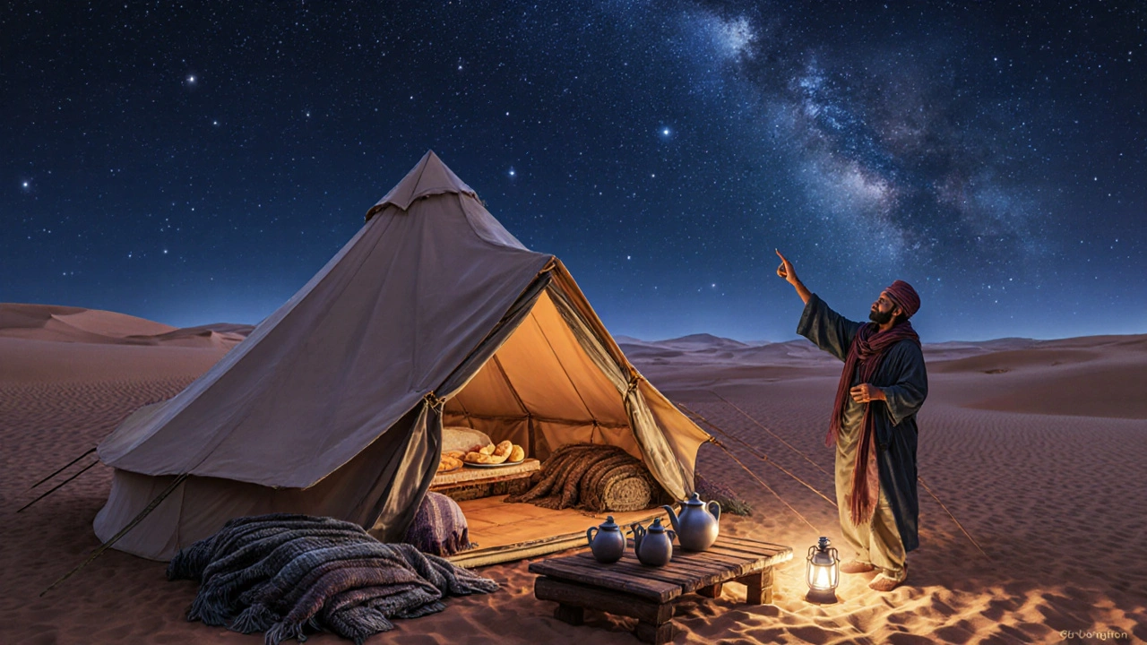 Tente berbère sous un ciel étoilé, thé fumant et couvertures chaudes, guide pointant vers la Voie lactée.