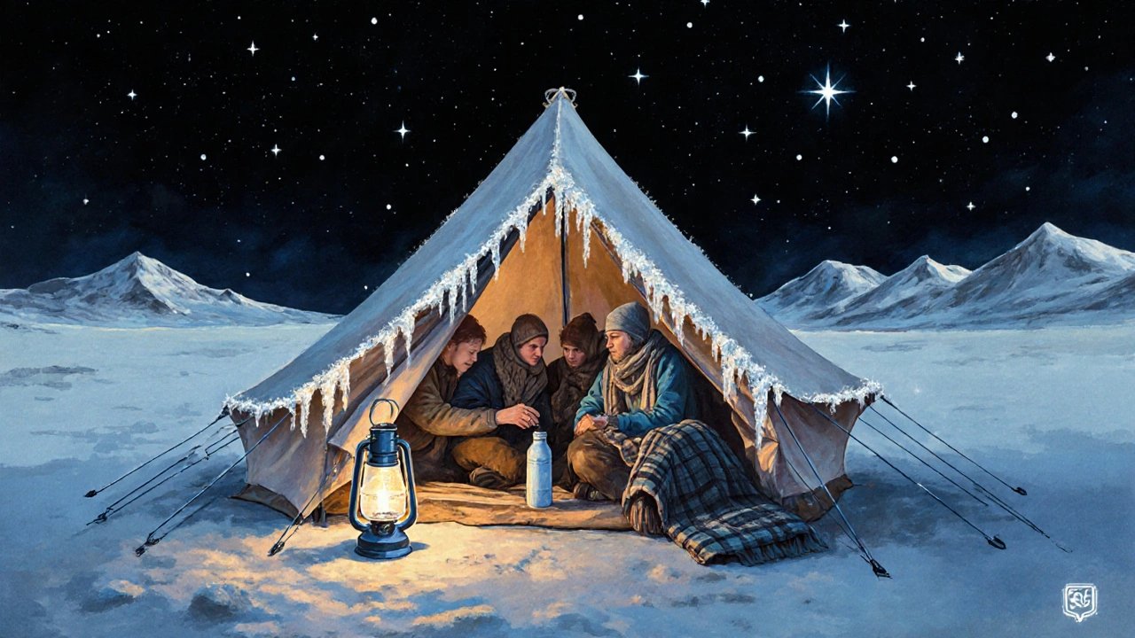 Tente de camping la nuit dans les montagnes du Hoggar, étoiles brillantes et givre sur une bouteille.
