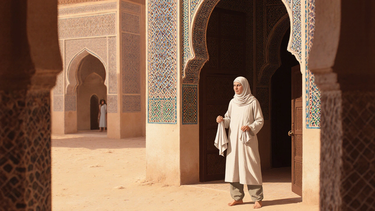Touriste devant une mosquée algérienne, tenant une écharpe, prêt à entrer en respectant les codes.