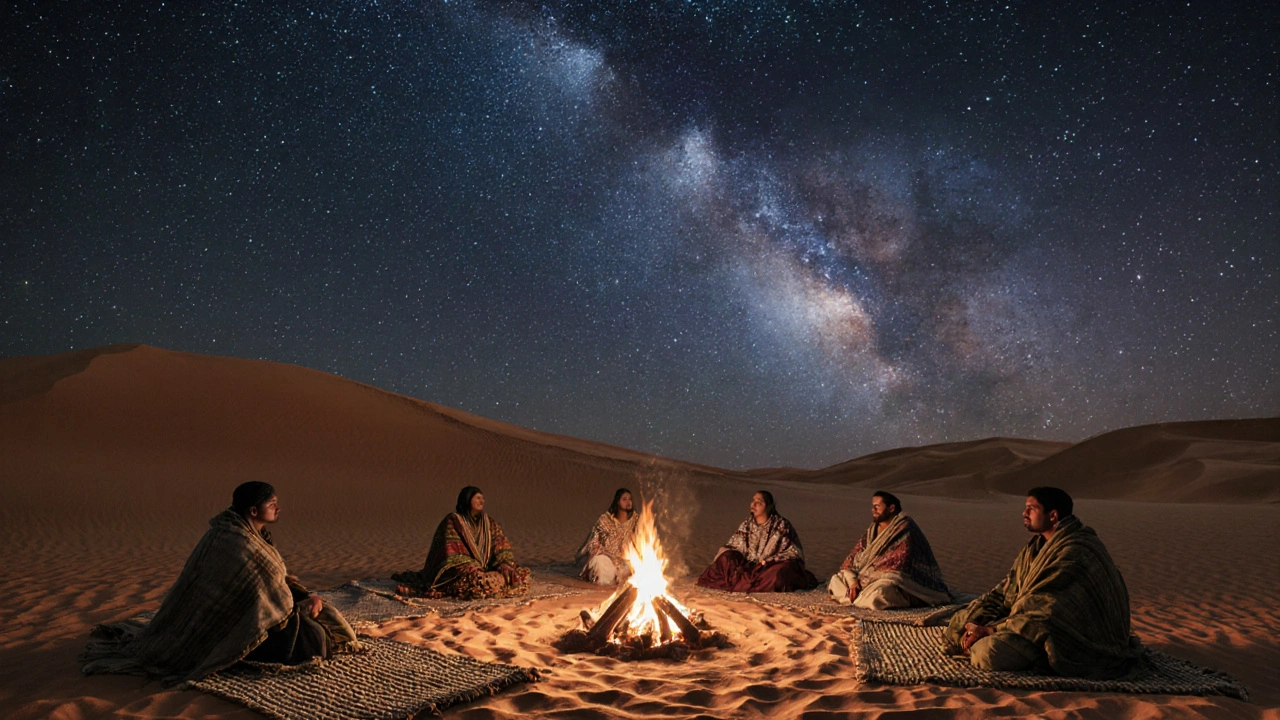 Un campement berbère sous un ciel étoilé, avec un feu de camp et des voyageurs enveloppés dans des couvertures.