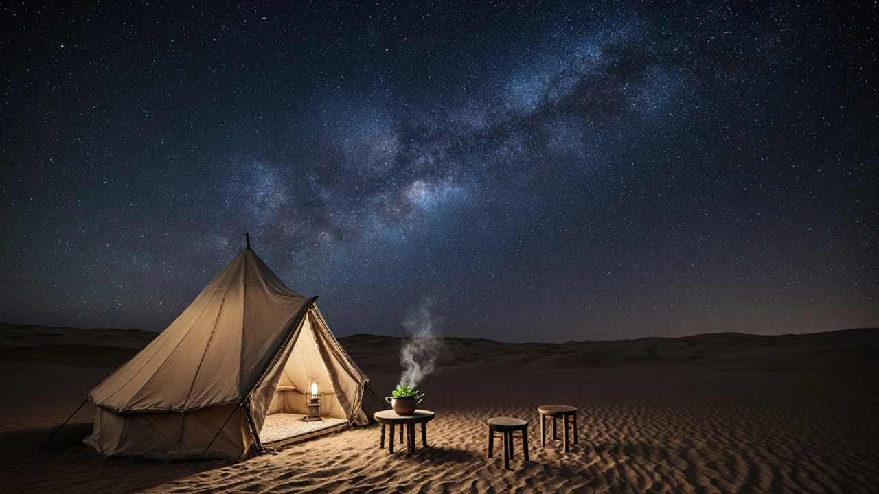 Un campement nocturne au Sahara avec une tente berbère éclairée par une lampe à huile, sous une voûte étoilée intense et silencieuse.