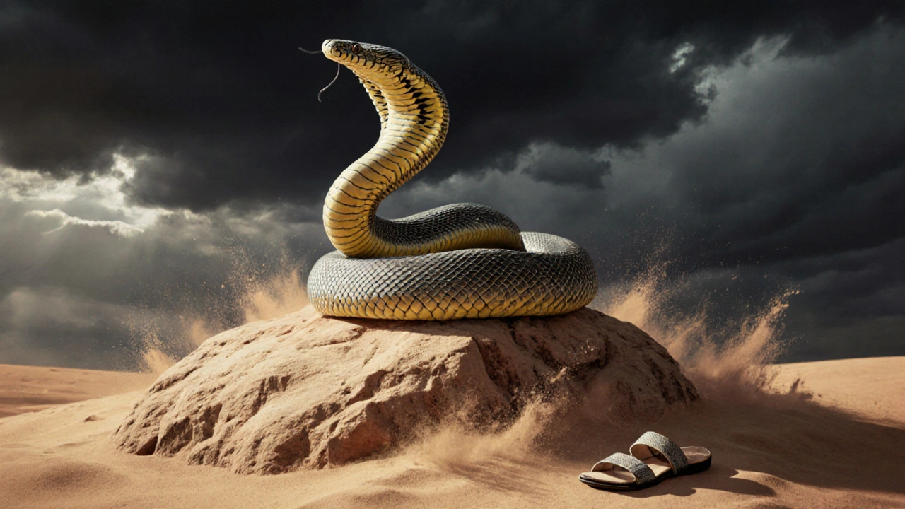 Un cobra égyptien déployant son capuchon sur un rocher du Sahara, menaçant, sous un ciel orageux.