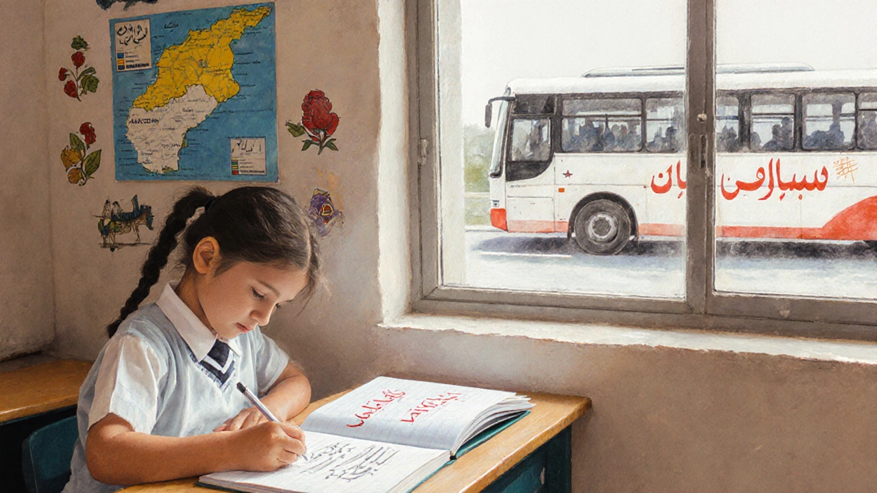 Un enfant écrit &#039;الجزائر&#039; dans son cahier à l&#039;école, avec une carte de Tamazgha au fond.