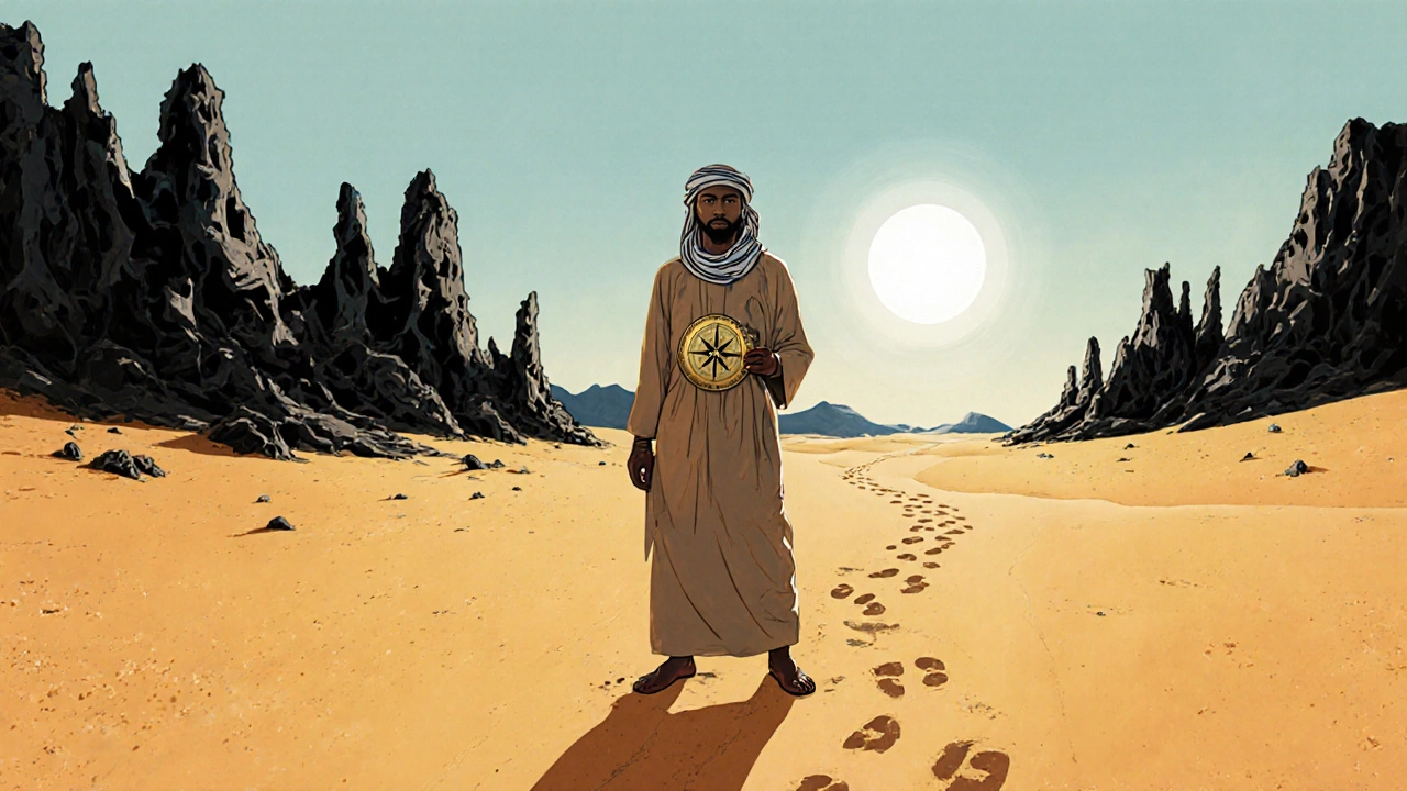 Un guide touareg tenant une boussole en cuivre sur un plateau de roches noires, entouré de dunes dorées sous un ciel clair.