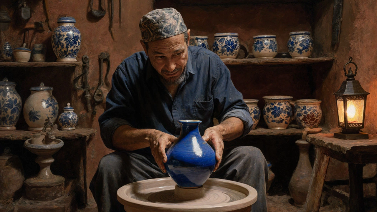 Un potier façonne une céramique aux motifs floraux et à la glaçure bleue dans un atelier de Tlemcen.