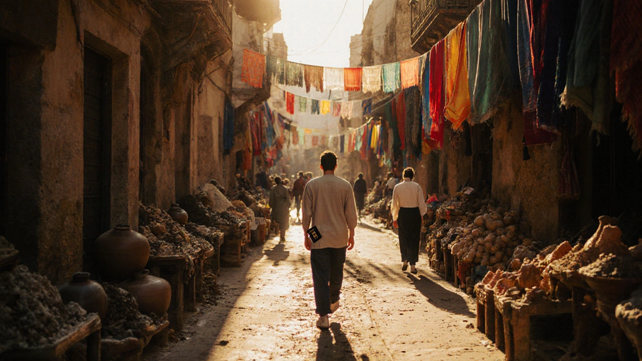 Un touriste américain marchant dans la Casbah d&#039;Alger au coucher du soleil.