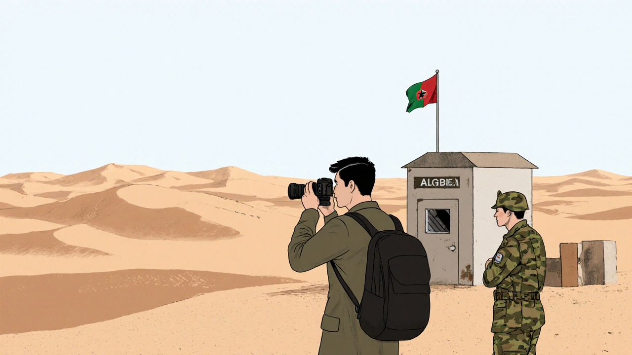 Un touriste hésite à photographier un poste militaire en plein désert algérien, surveillé par un soldat.