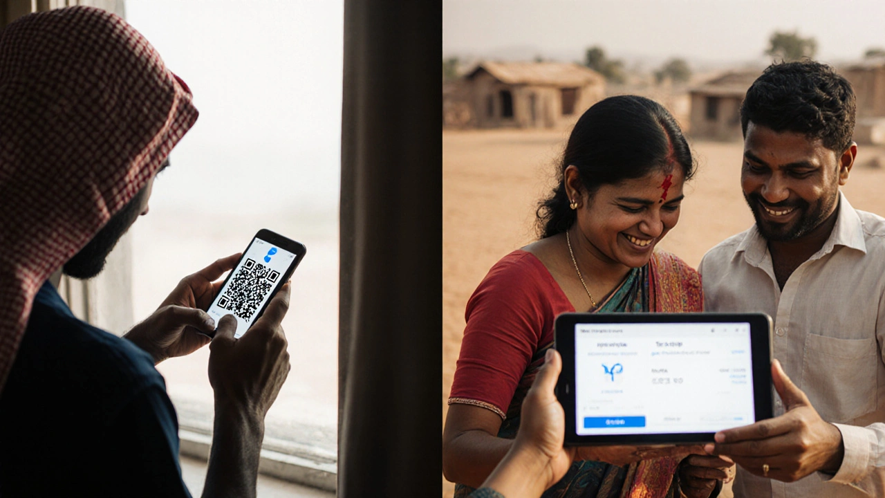 Un travailleur migrant en Arabie Saoudite envoie de l&#039;argent à sa famille au Kerala via une application crypto.