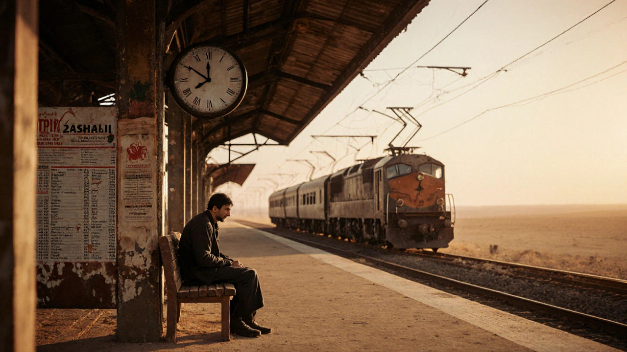 Un voyageur attend un train en retard sur un quai désert en Algérie.