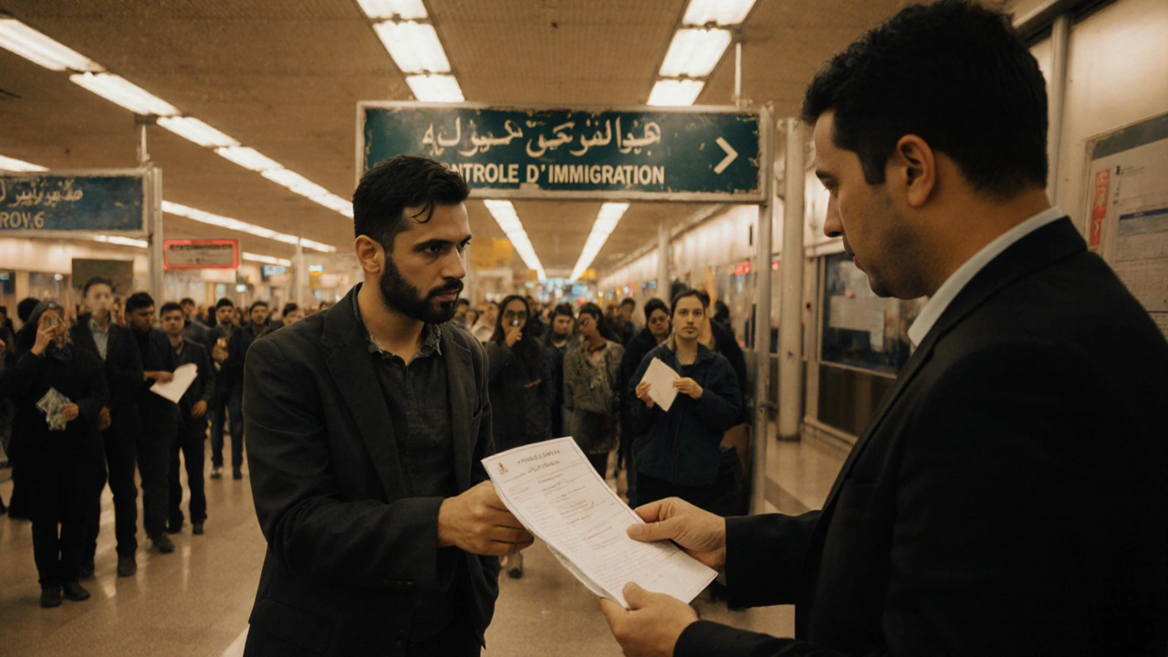 Un voyageur est interrogé par un agent d&#039;immigration à l&#039;aéroport d&#039;Alger.