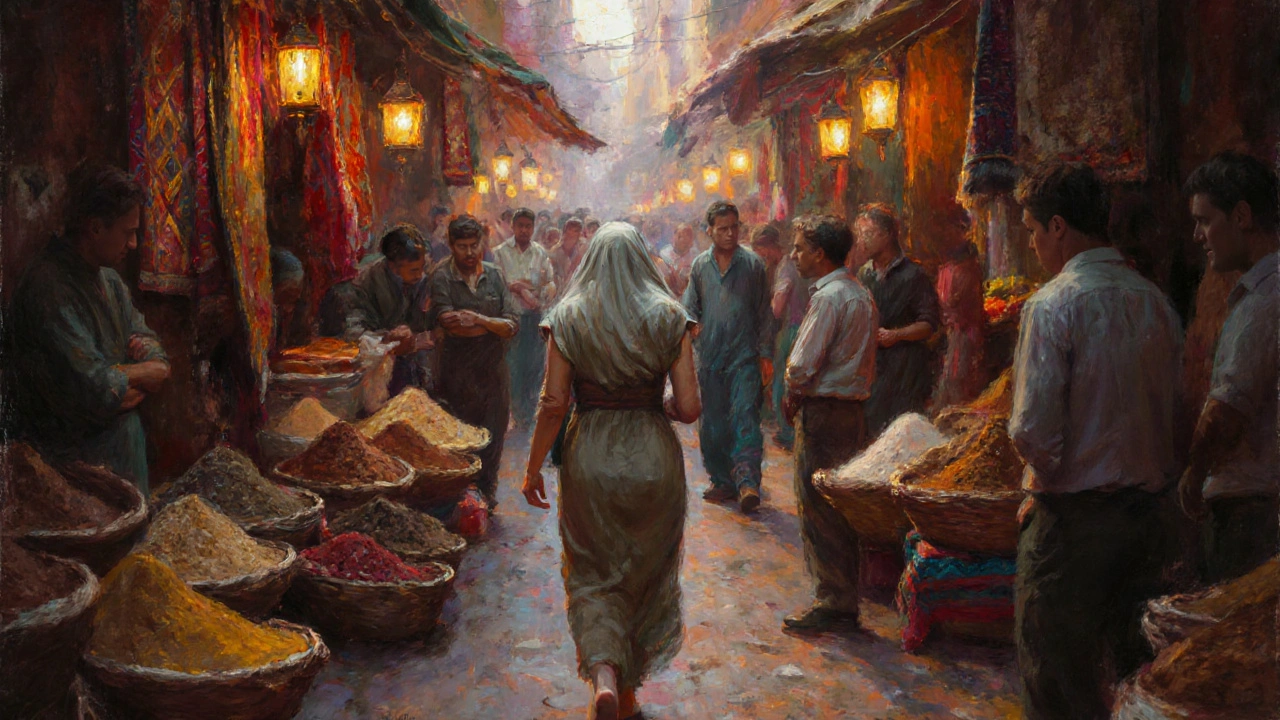 Une femme couvre ses épaules et ses genoux en marchant dans un marché traditionnel en Algérie.