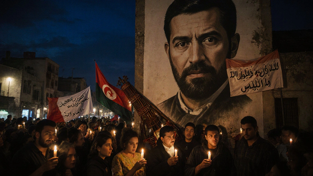 Une foule tenant des bougies devant un mural de Lounès Matoub à Tizi Ouzou, sous un ciel nocturne.