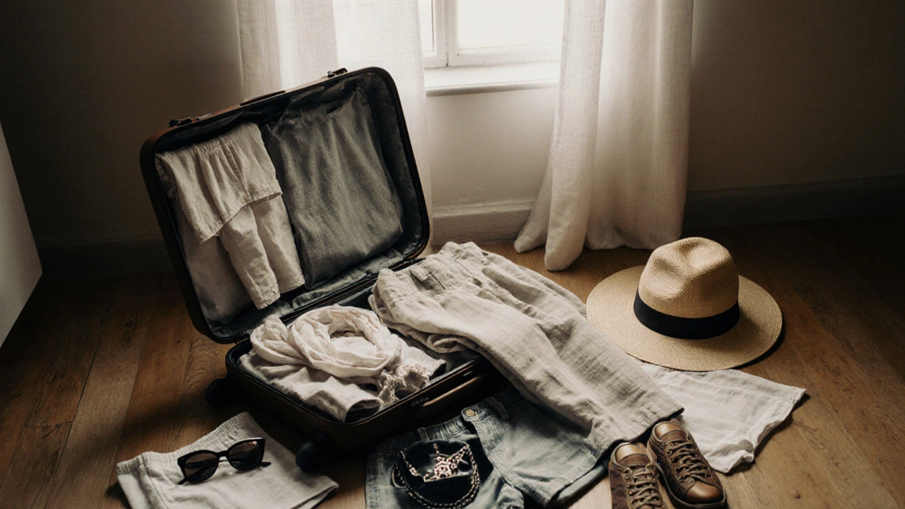 Valise ouverte avec des vêtements modestes pour l&#039;Algérie, tandis que les tenues inappropriées sont écartées.