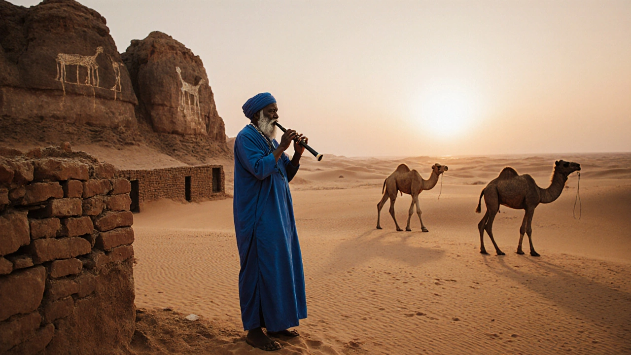 Vieux Touareg jouant de la gasba au lever du soleil dans le désert, près de maisons en terre et d&#039;art rupestre.