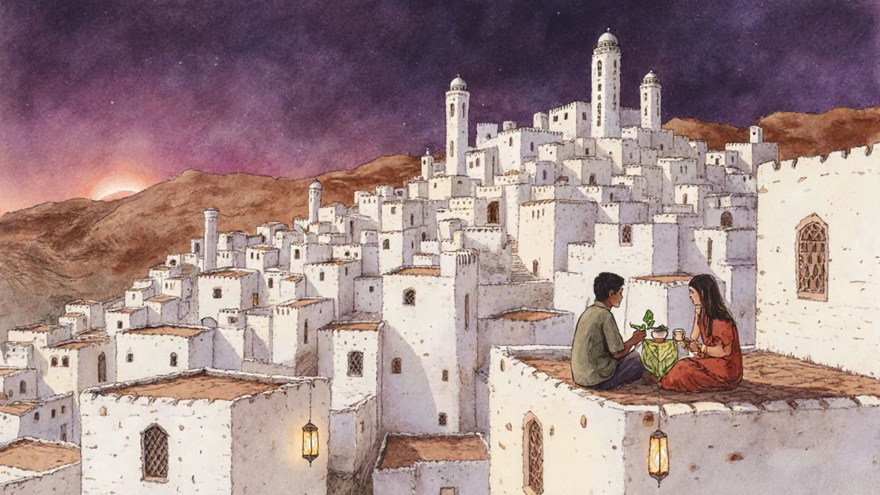 Village mozabite aux toits plats et minarets alignés au crépuscule.