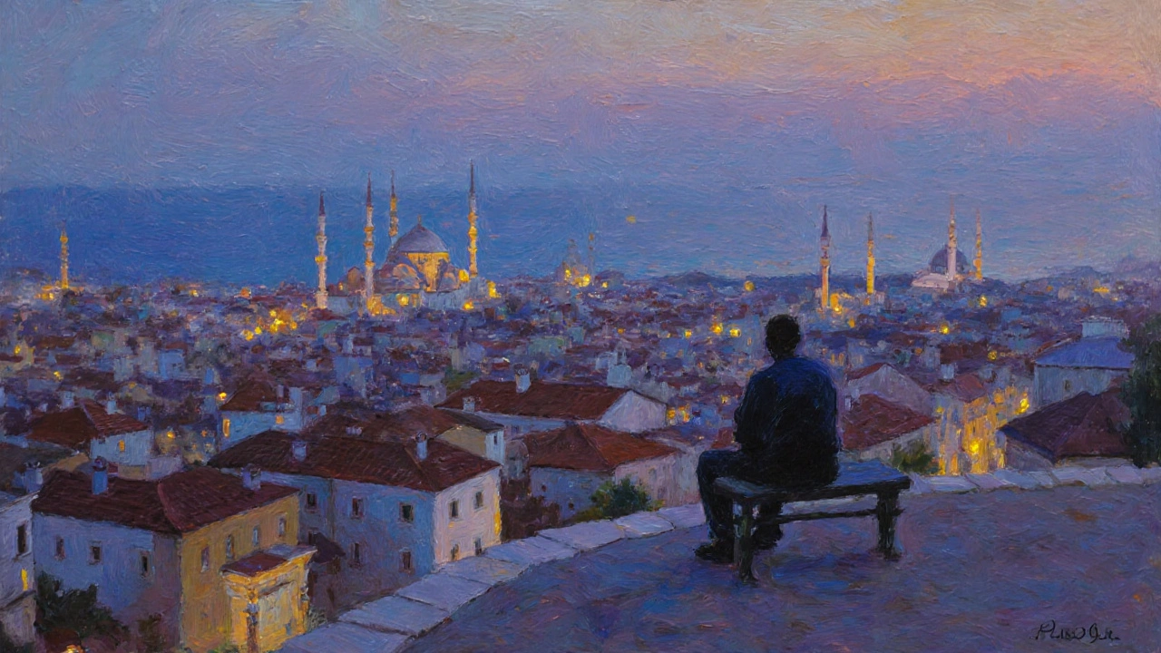 Vue panoramique d&#039;Alger depuis le mont Murdjadjo au crépuscule, toits rouges et minarets sous un ciel violacé.