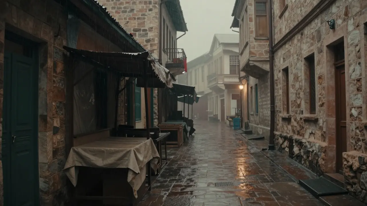 Allée pluvieuse de Constantine en hiver, calme et mystérieuse sous une lampe vacillante.