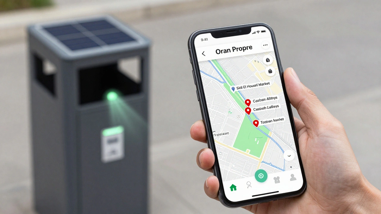 Application &#039;Oran Propre&#039; sur un téléphone affichant des zones propres et des points d&#039;alerte sur la carte de la ville.