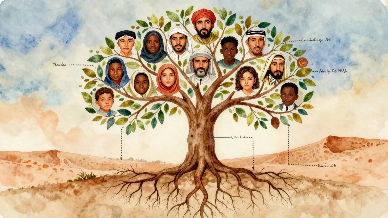 Arbre génétique stylisé en aquarelle montrant les origines berbères, arabes, turques et subsahariennes de l'Algérie.