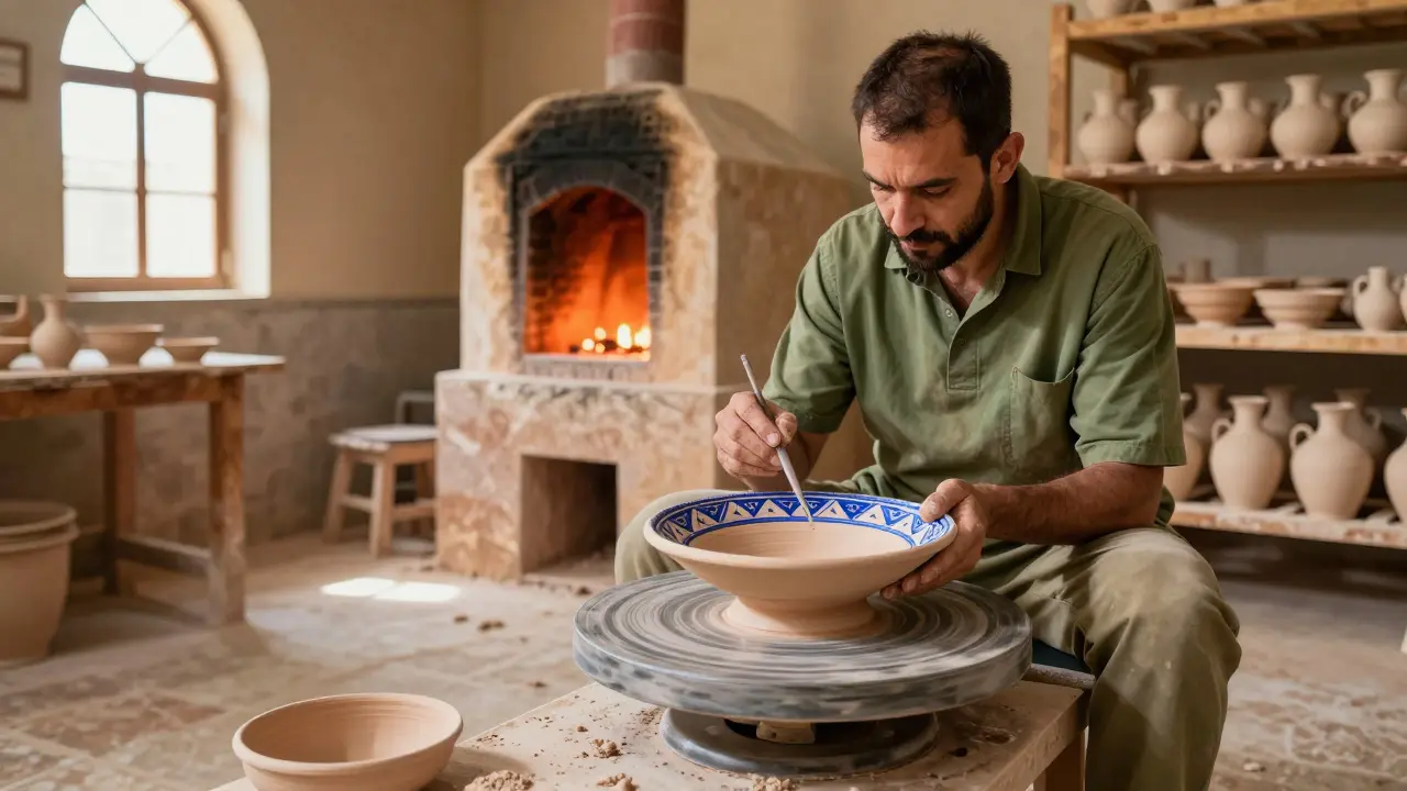 Artisan façonnant une céramique matte aux motifs bleus dans un atelier de Tlemcen.