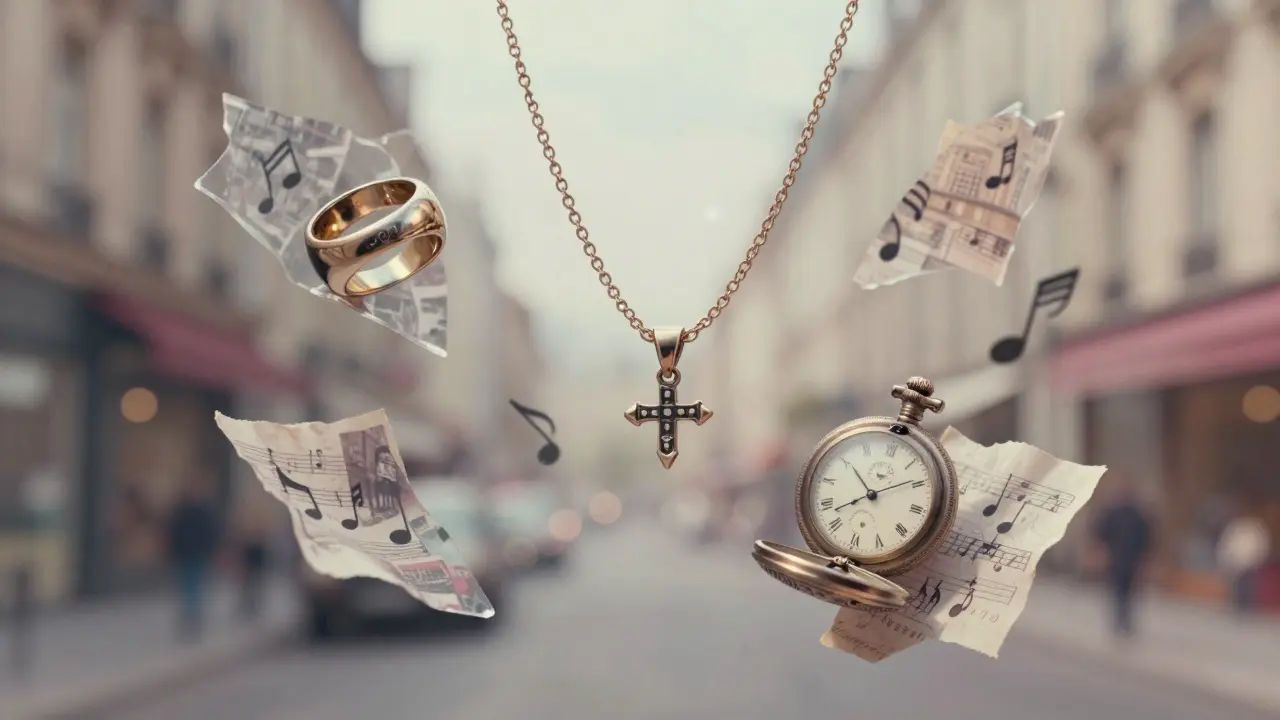 Bijoux vintage flottant dans l'air, entourés de fragments de scènes parisiennes des années 1980, évoquant des souvenirs.