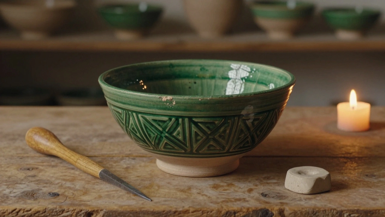 Bol artisanal en céramique de Sidi Bel Abbès avec glaçure verte et motifs ancestraux.