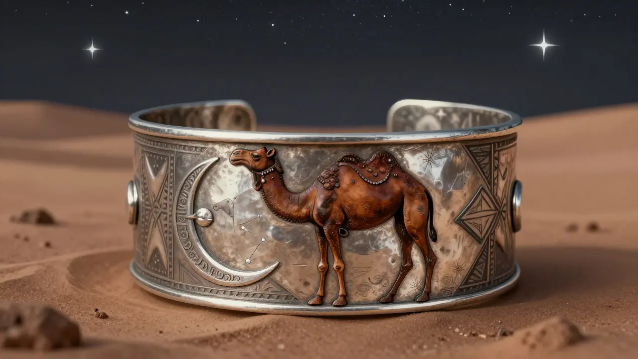Bracelet en argent touareg orné d'un camélidé aux cornes en croissant, sous un ciel étoilé.
