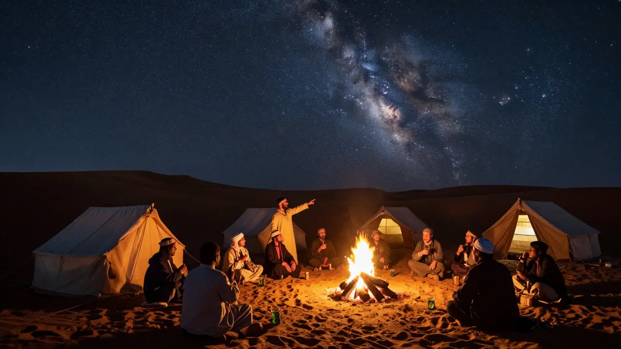 Campement berbère la nuit, avec des tentes éclairées par un feu de camp et un guide montrant les étoiles.