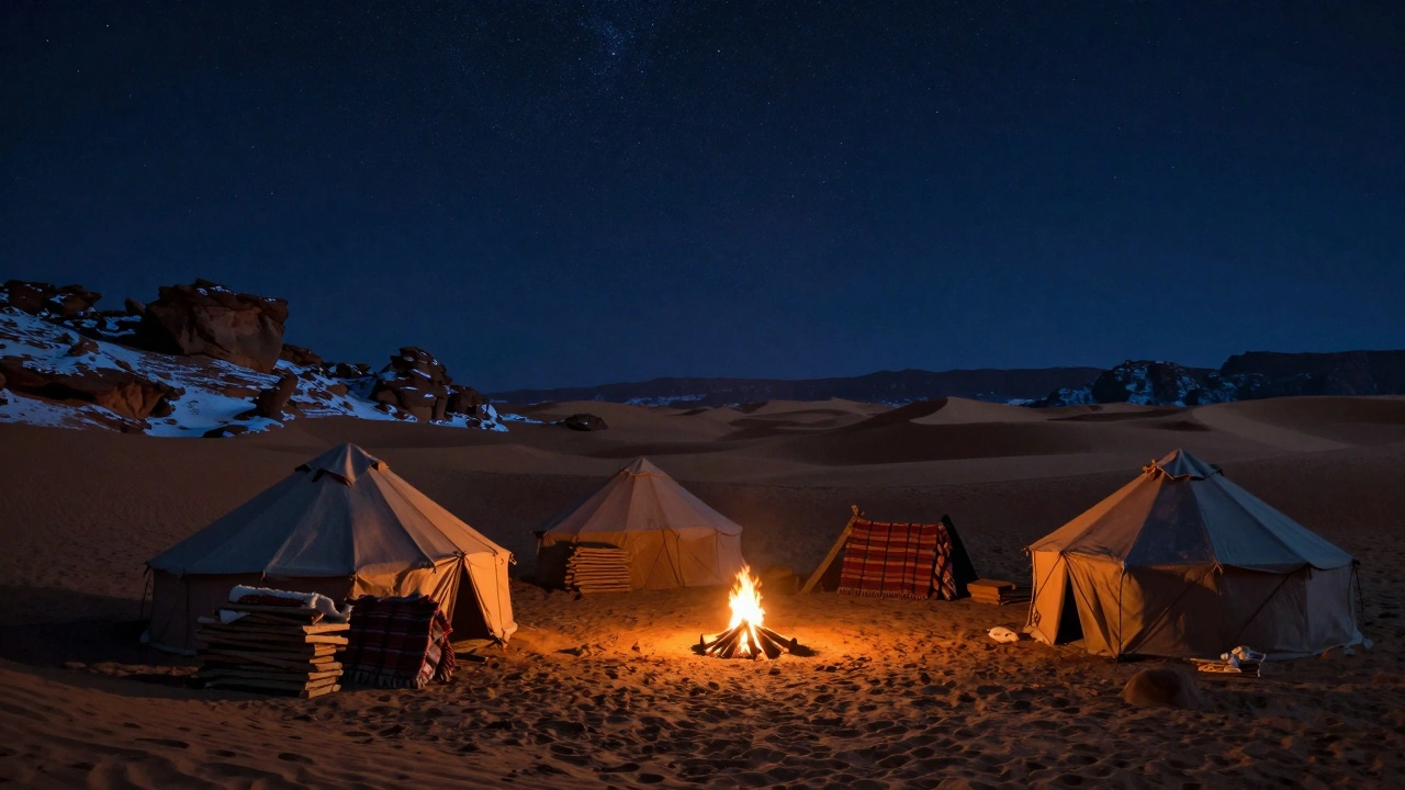 Campement touareg la nuit dans les montagnes du Hoggar, feu de camp et étoiles brillantes.