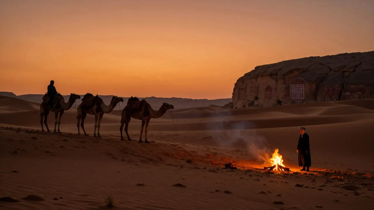 Caravane de chameaux au coucher du soleil dans le désert de Tassili en octobre.
