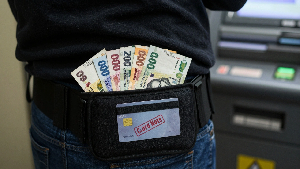 Ceinture de sécurité cachée contenant des billets de dinars algériens, à côté d&#039;une carte bancaire rejetée.