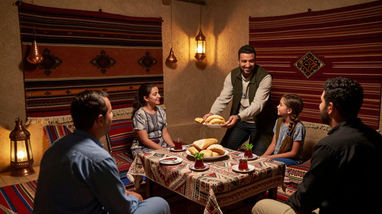 Chambre d&#039;hôte familiale en Algérie avec thé à la menthe et décoration traditionnelle.