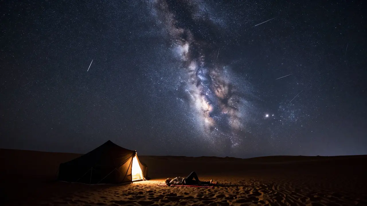 Ciel étoilé sans lumière artificielle au Sahara, la Voie lactée brillante au-dessus d’une tente berbère, des météorites traversent le ciel.
