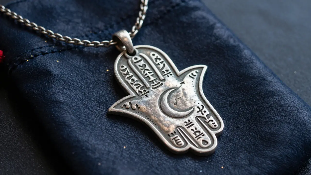 Collier en argent berbère avec amulettes gravées à la main pour protéger contre le mauvais œil.