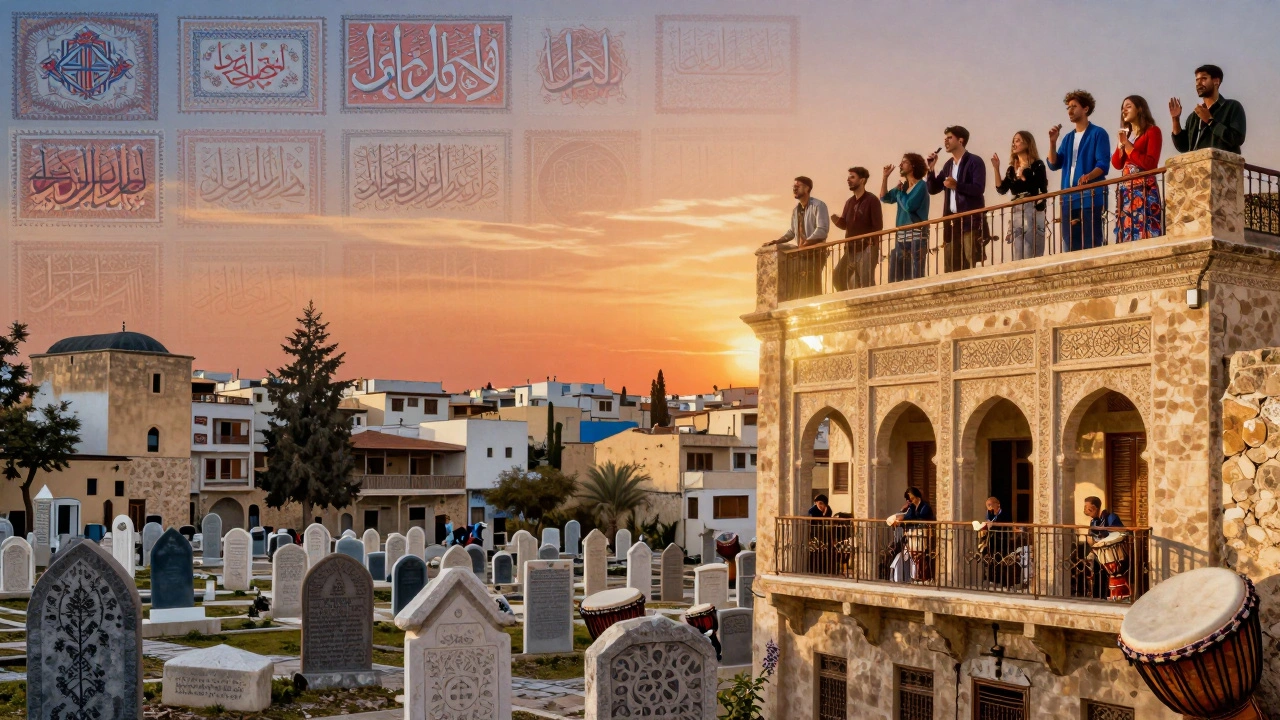 Couche culturelle d&#039;Alger : broderies berbères, calligraphie arabe, architecture coloniale et rythmes sahéliens fusionnés.