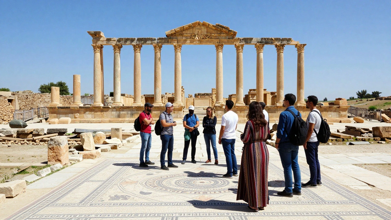 Des ruines romaines de Timgad visitées par un petit groupe de touristes internationaux, sans signalisation en anglais.