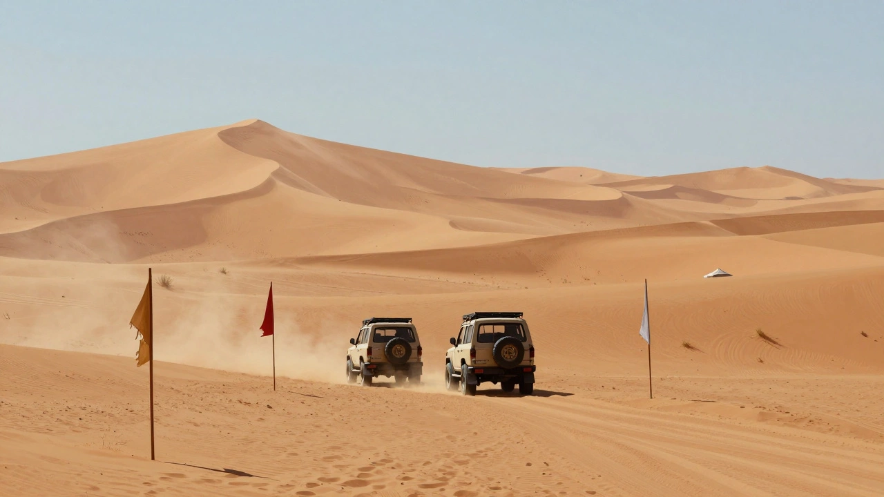 Deux 4x4 suivent des balises en bois à travers d&#039;immenses dunes du Grand Erg Occidental, sous un ciel pâle.