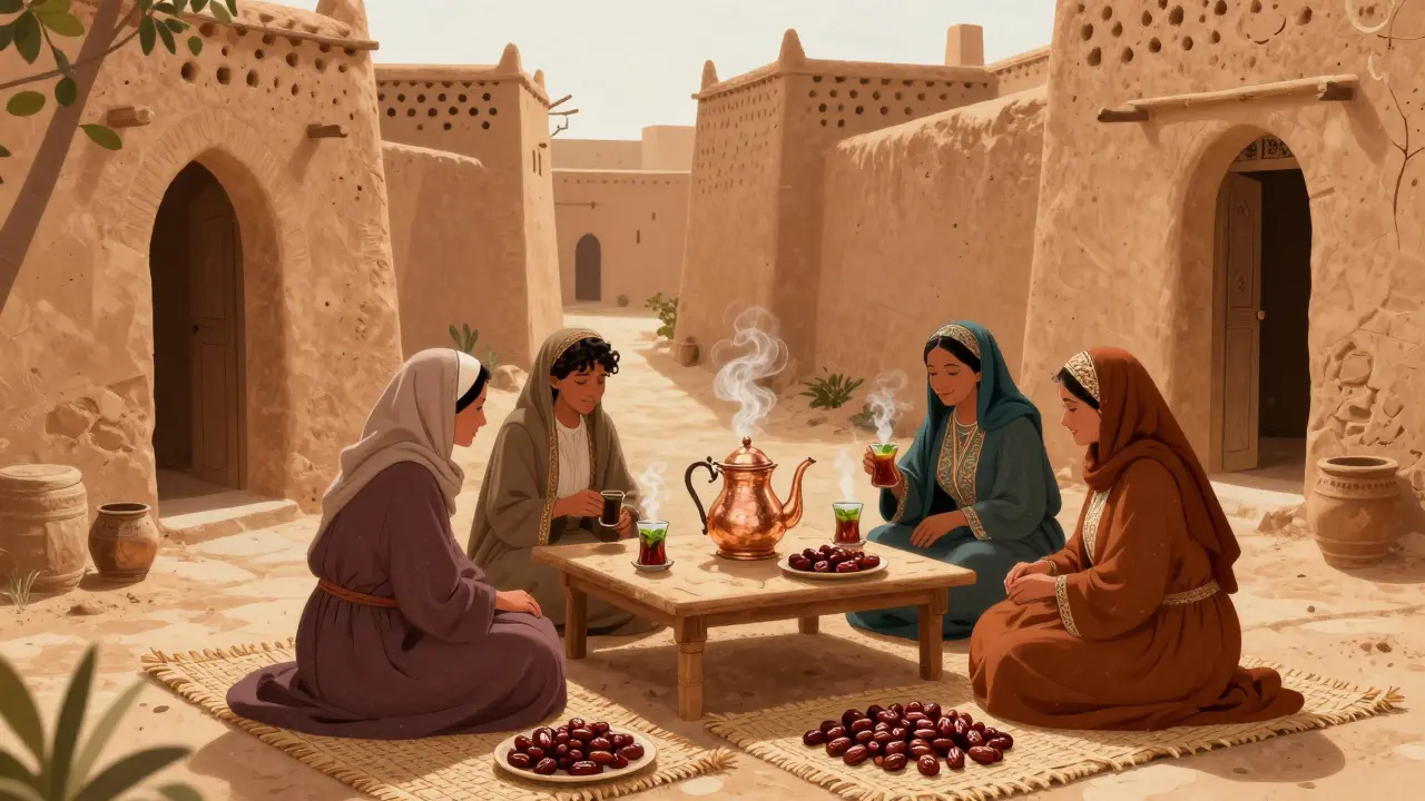 Famille berbère dans un village ancien de Ghardaïa, préparant du thé à la menthe et séchant des dattes sous la lumière du soir.