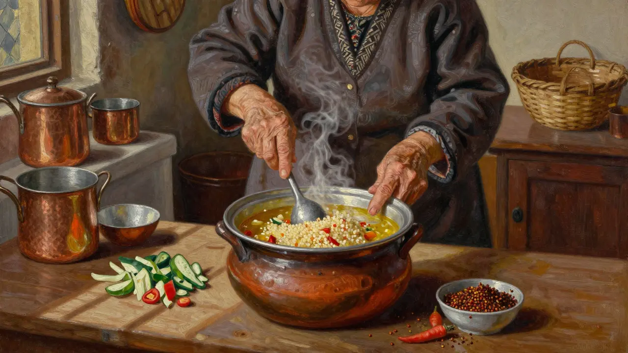 Femme âgée préparant le couscous dans un couscoussier traditionnel, légumes et épices autour d'elle.