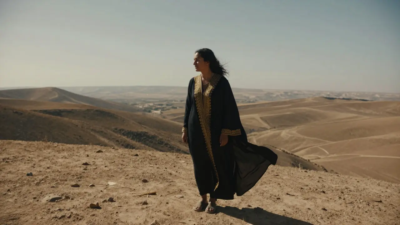 Femme en haïk brodé sur une colline, face à un paysage algérien vaste.