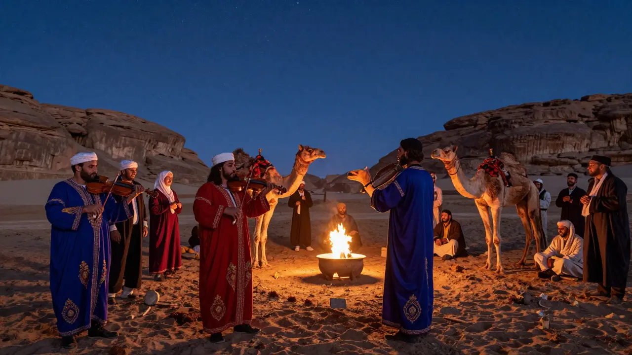 Festival des nomades en février avec des Touaregs en tenues colorées et des musiciens sous les étoiles.