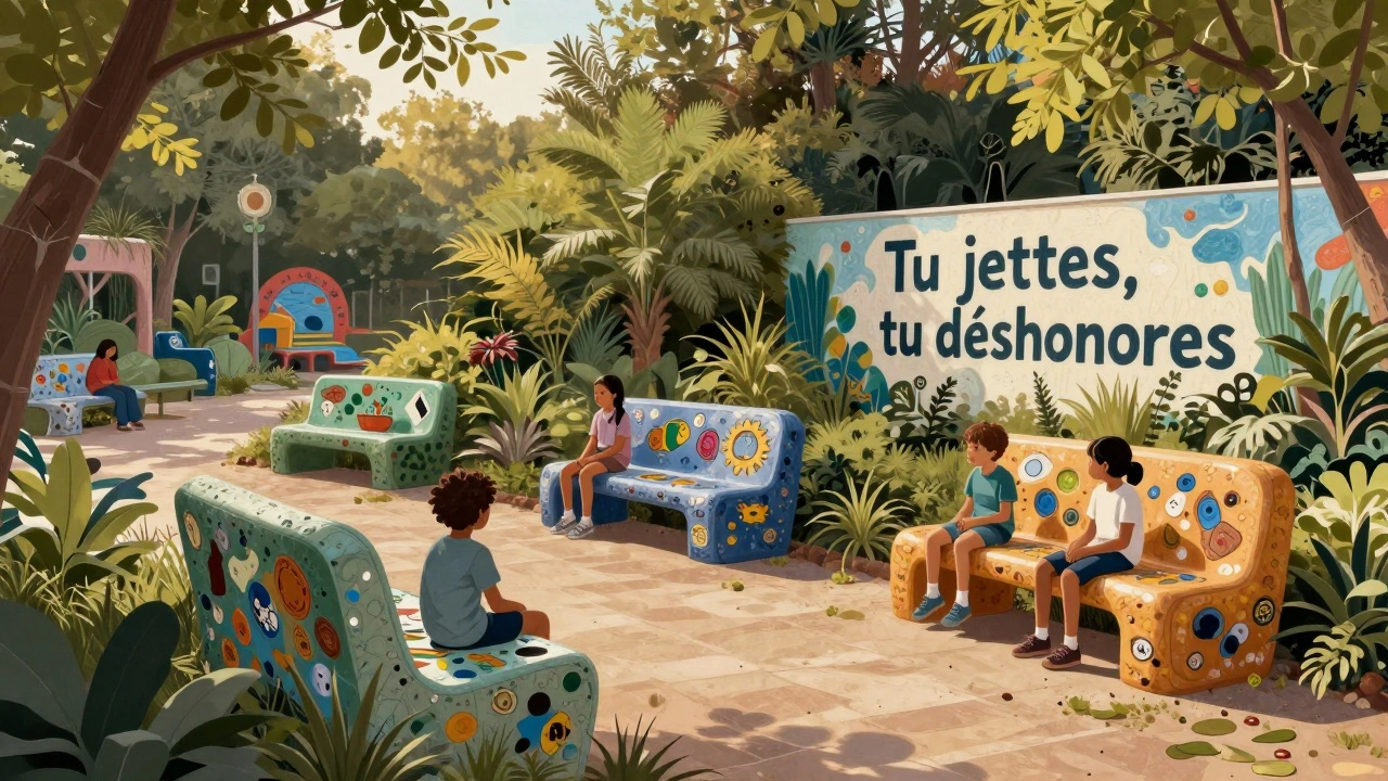 Jardin de la Paix à Oran avec des bancs sculptés à partir de déchets recyclés et des enfants jouant sous les arbres.