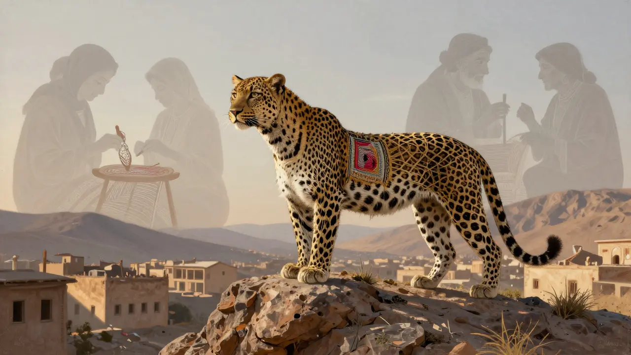 Léopard fait de fils de tapis, sur un rocher, entouré de silhouettes d'artisans disparus.