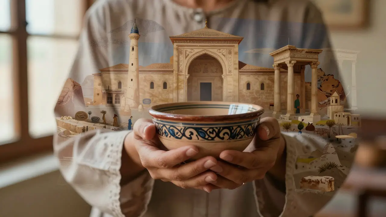 Mains d'une femme algérienne tenant un bol traditionnel, avec des couches historiques floues en arrière-plan.