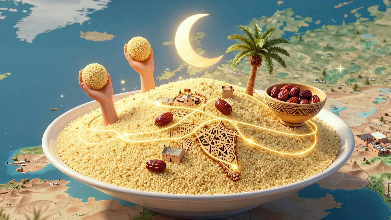 Plat de couscous symbolique flottant au-dessus de l'Algérie, relié à des éléments culturels.